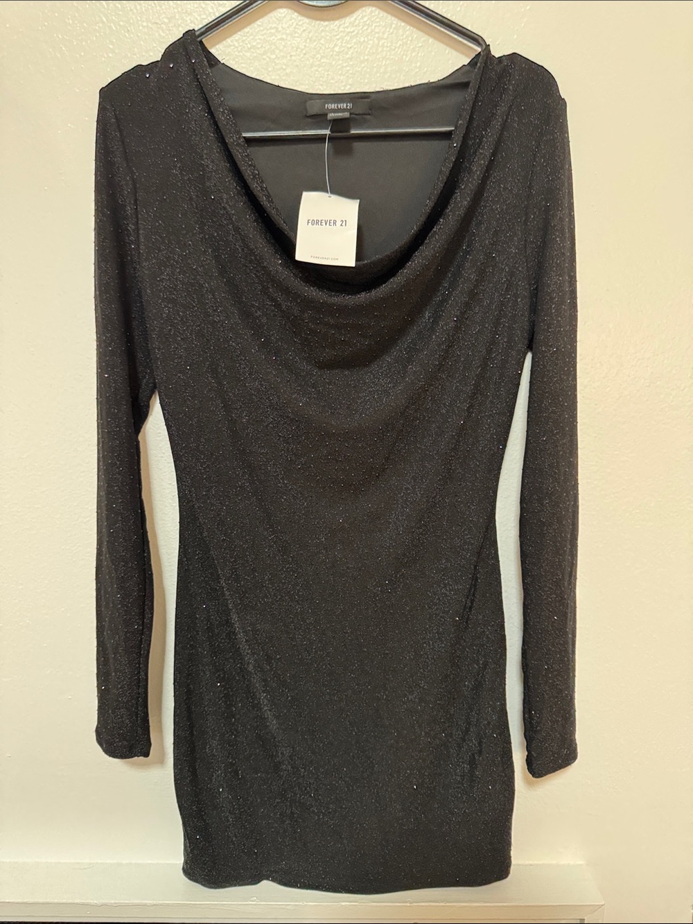 Forever 21 Black Sparkle Cowl Neck Long Sleeve Dress